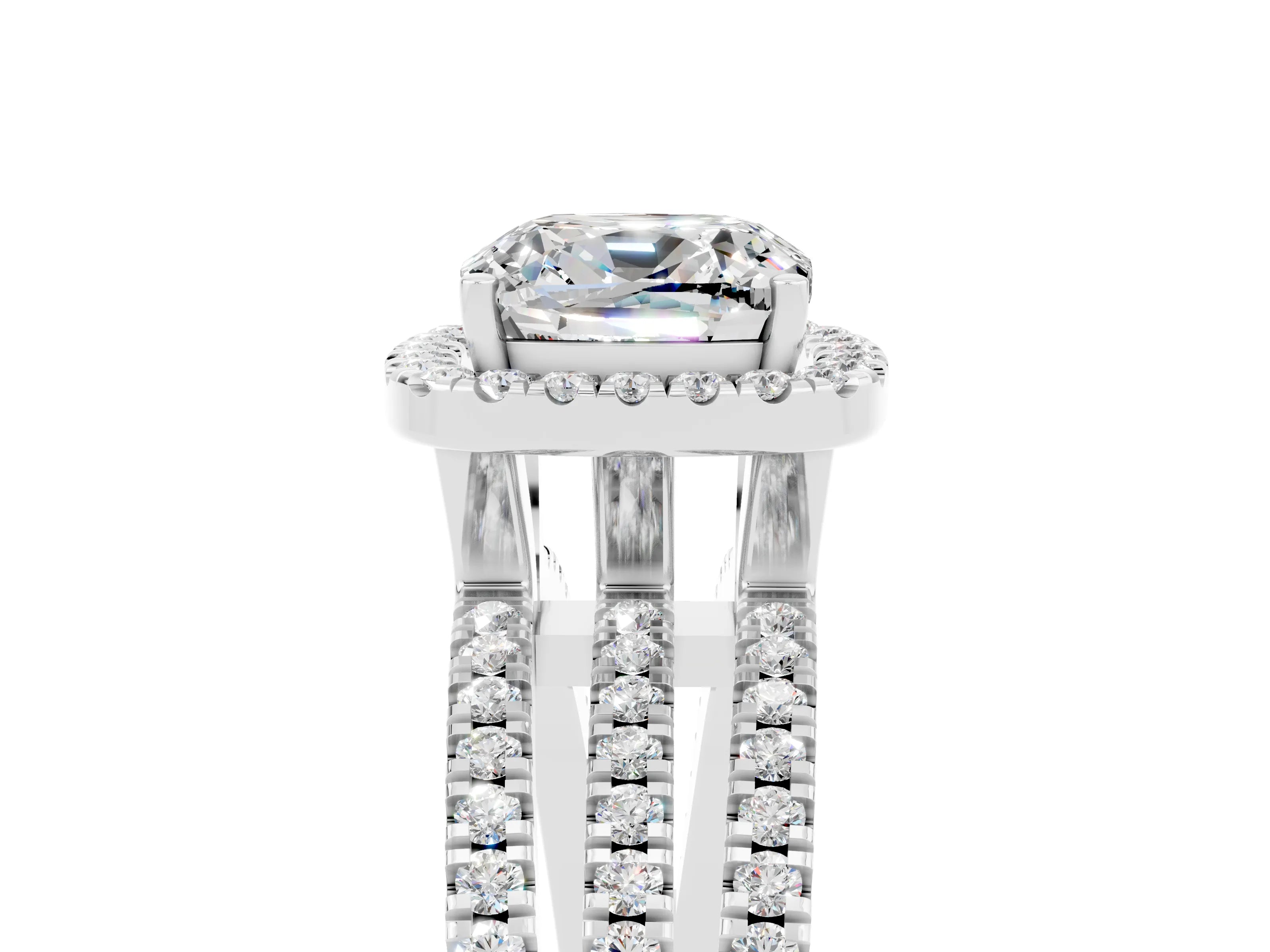 White gold {shape_name} Moissanite Halo Engagement Ring with Split Shank and Four-Prong Setting_5