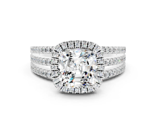 Silver Cushion Cut Moissanite Halo Engagement Ring with Split Shank and Four-Prong Setting