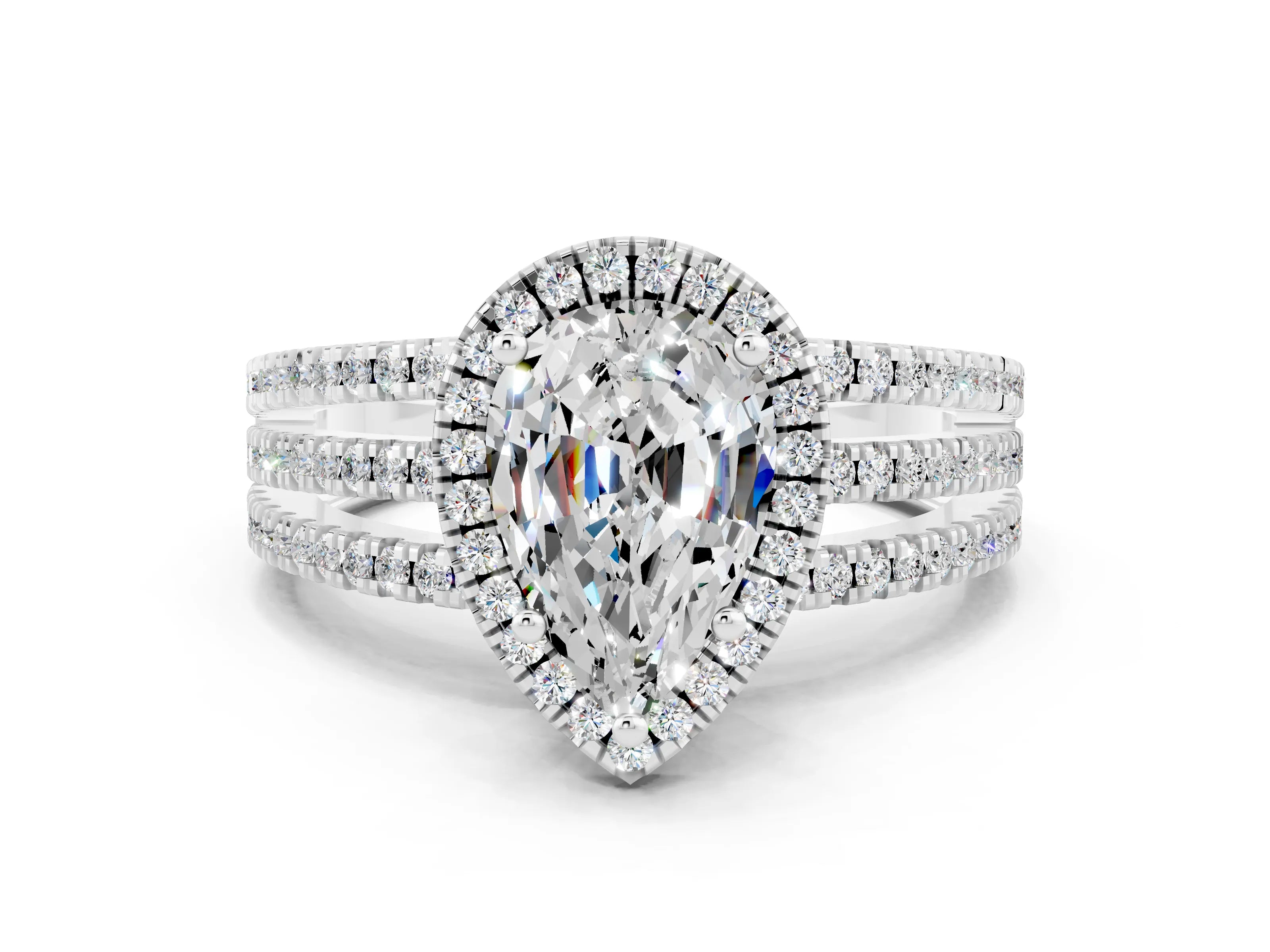 White gold {shape_name} Moissanite Halo Engagement Ring with Split Shank and Four-Prong Setting