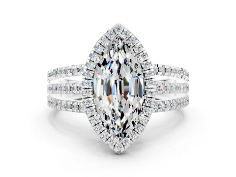 White gold {shape_name} Moissanite Halo Engagement Ring with Split Shank and Four-Prong Setting