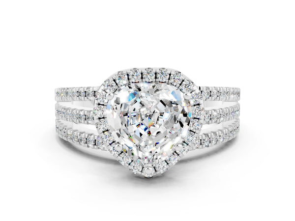 Platinum Heart Cut Moissanite Halo Engagement Ring with Split Shank and Four-Prong Setting