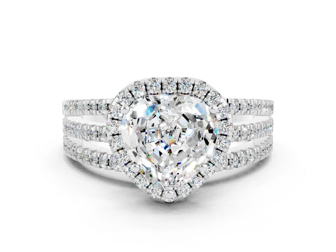 White gold {shape_name} Moissanite Halo Engagement Ring with Split Shank and Four-Prong Setting