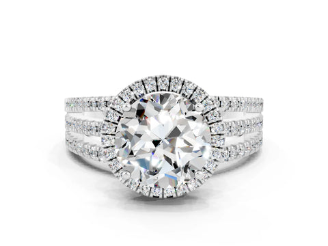 White gold {shape_name} Moissanite Halo Engagement Ring with Split Shank and Four-Prong Setting