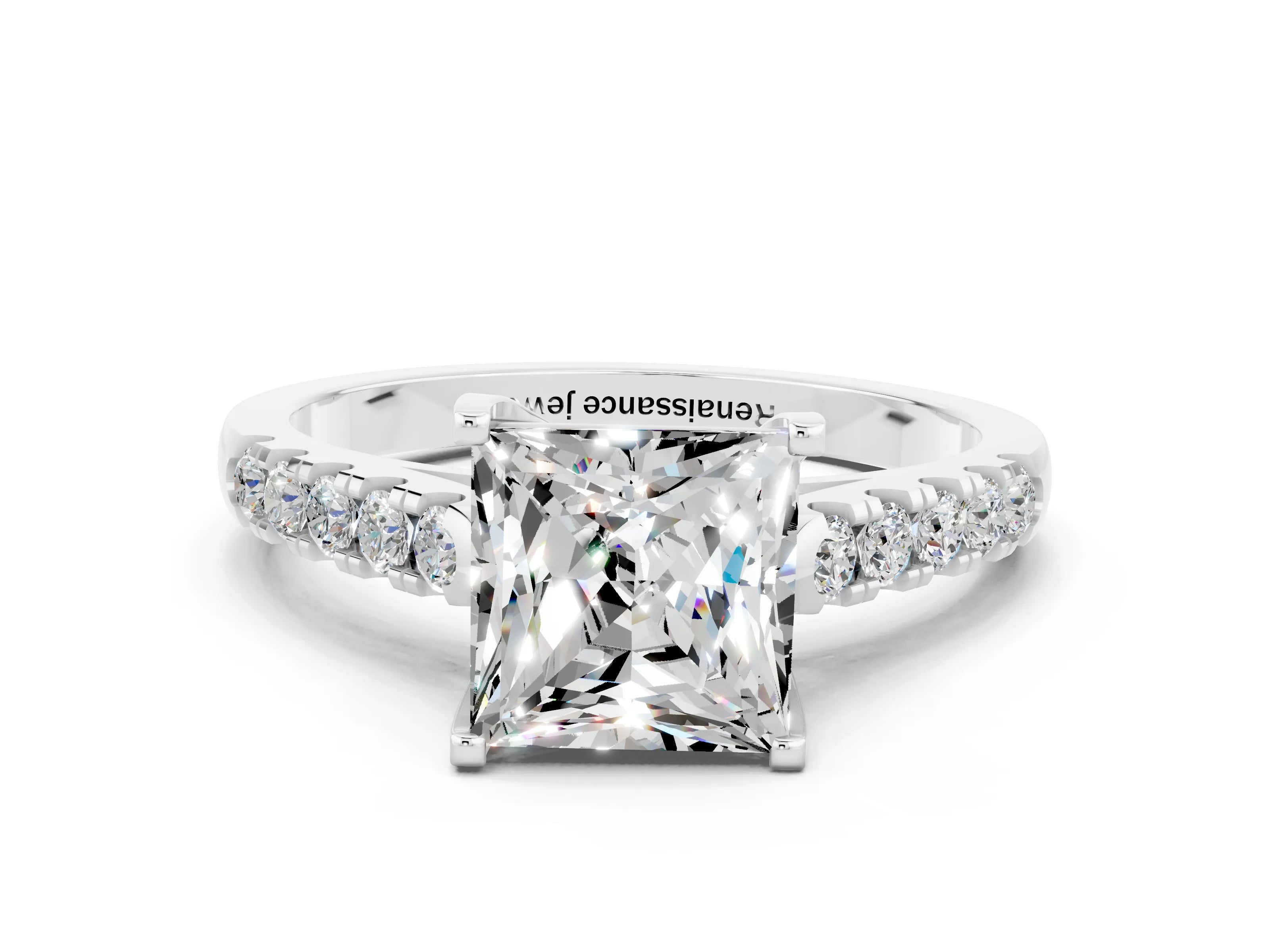 White gold {shape_name} Moissanite Solitaire Ring with Pavé Band and Four-Prong Setting