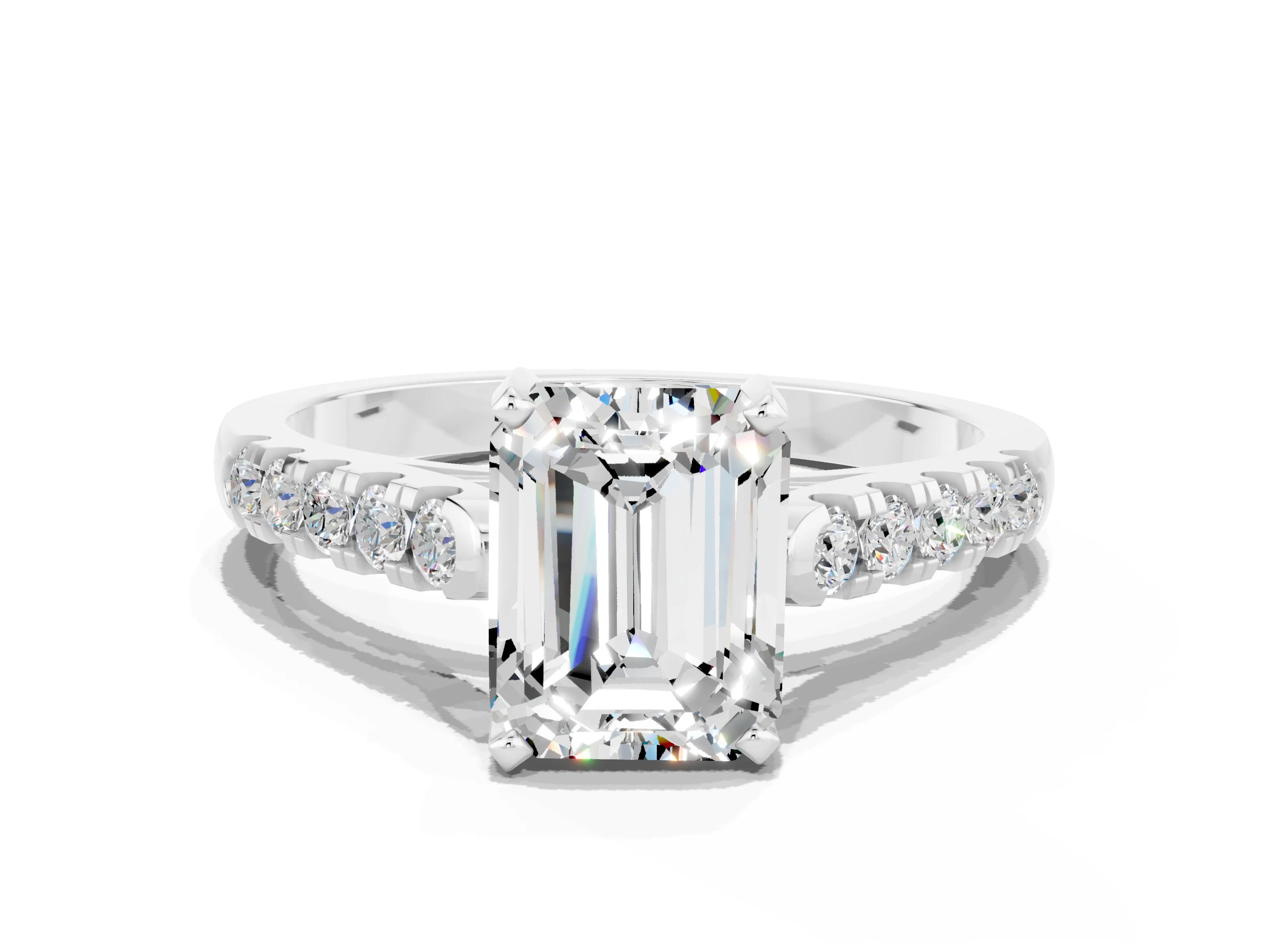 White gold {shape_name} Moissanite Solitaire Ring with Pavé Band and Four-Prong Setting