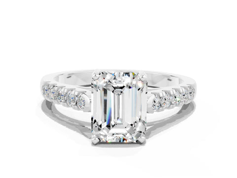 White gold {shape_name} Moissanite Solitaire Ring with Pavé Band and Four-Prong Setting