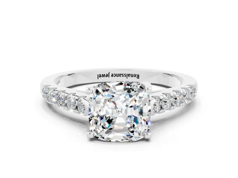 White gold {shape_name} Moissanite Solitaire Ring with Pavé Band and Four-Prong Setting_12
