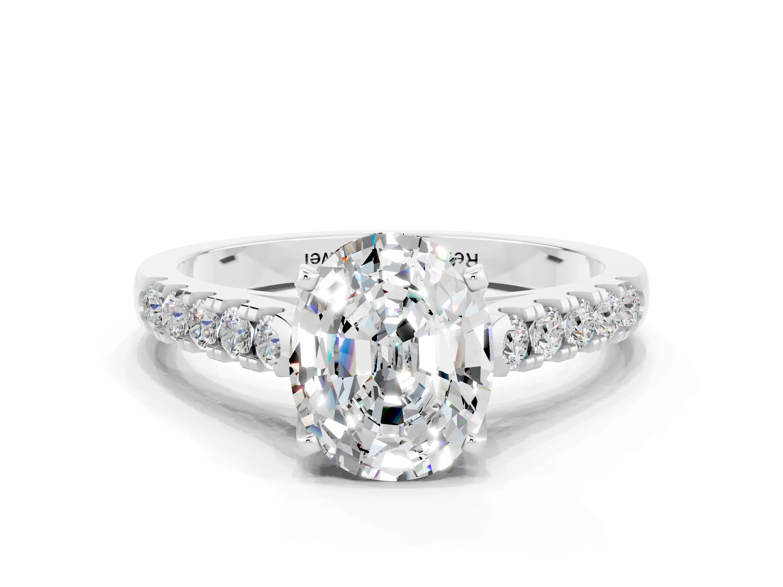 White gold {shape_name} Moissanite Solitaire Ring with Pavé Band and Four-Prong Setting_12