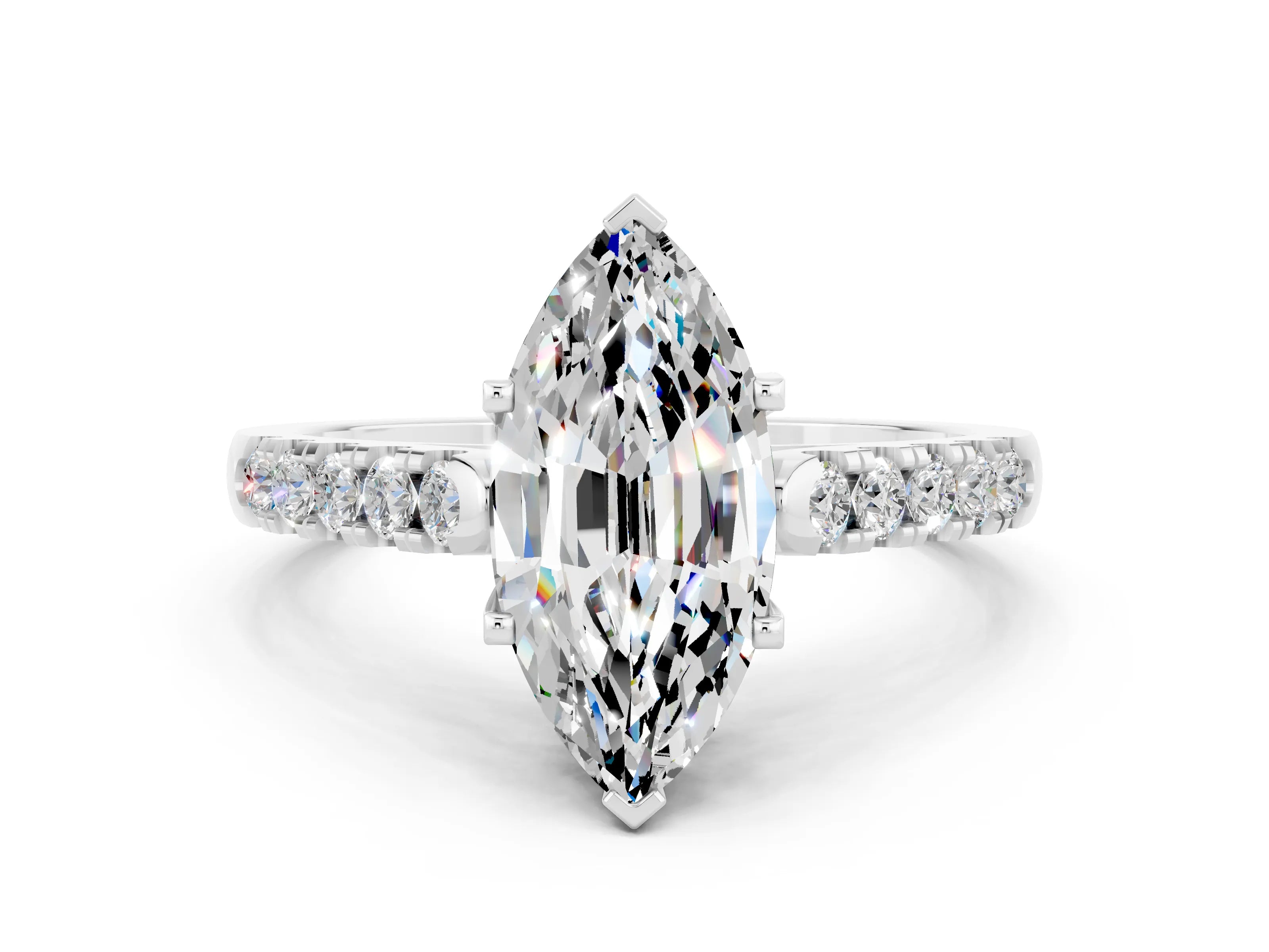 White gold {shape_name} Moissanite Solitaire Ring with Pavé Band and Four-Prong Setting_12