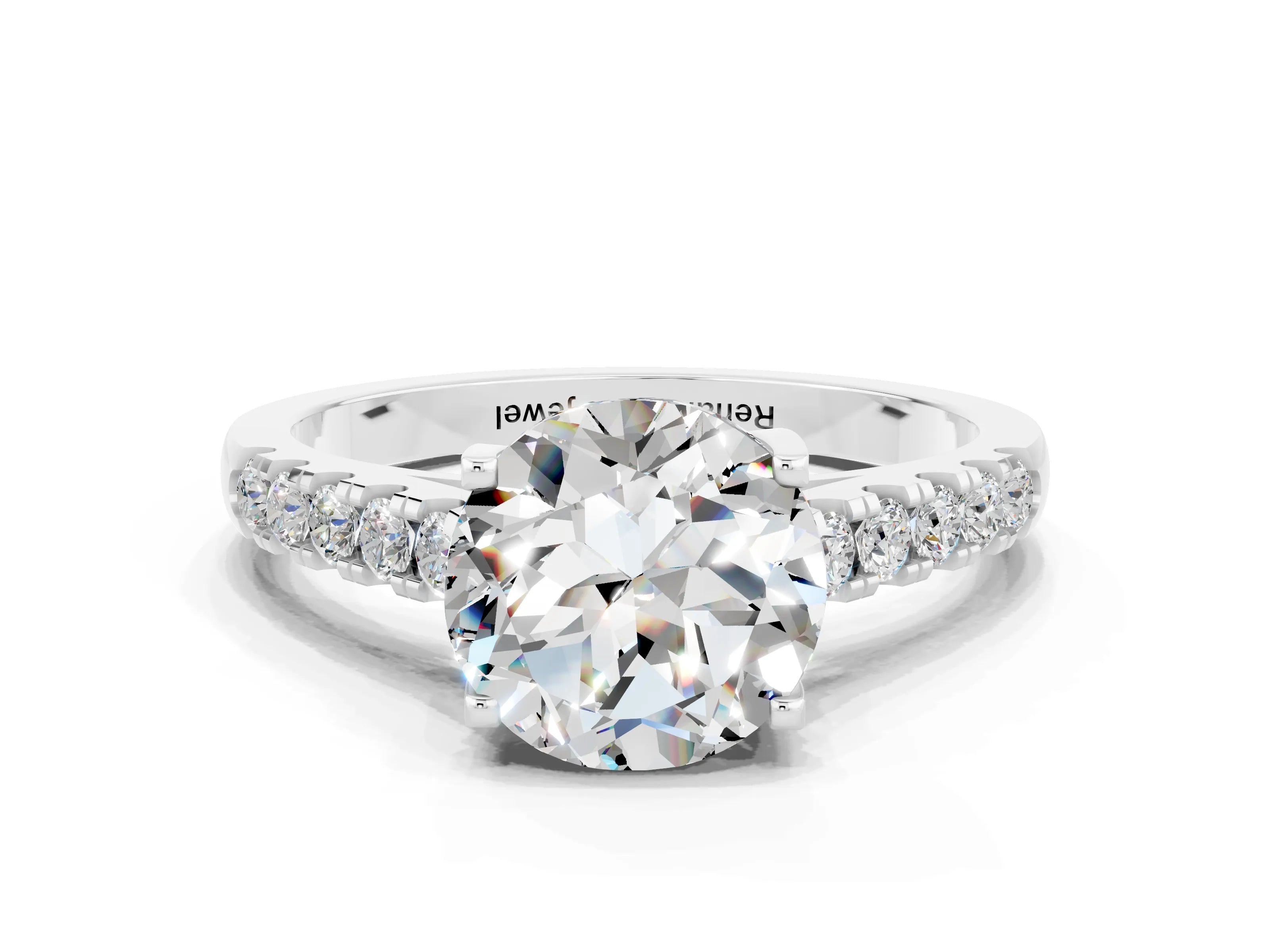 White gold {shape_name} Moissanite Solitaire Ring with Pavé Band and Four-Prong Setting_12