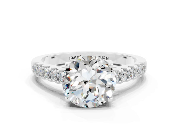 White gold Round Cut Moissanite Pavé Band Solitaire Ring with Prong Setting
