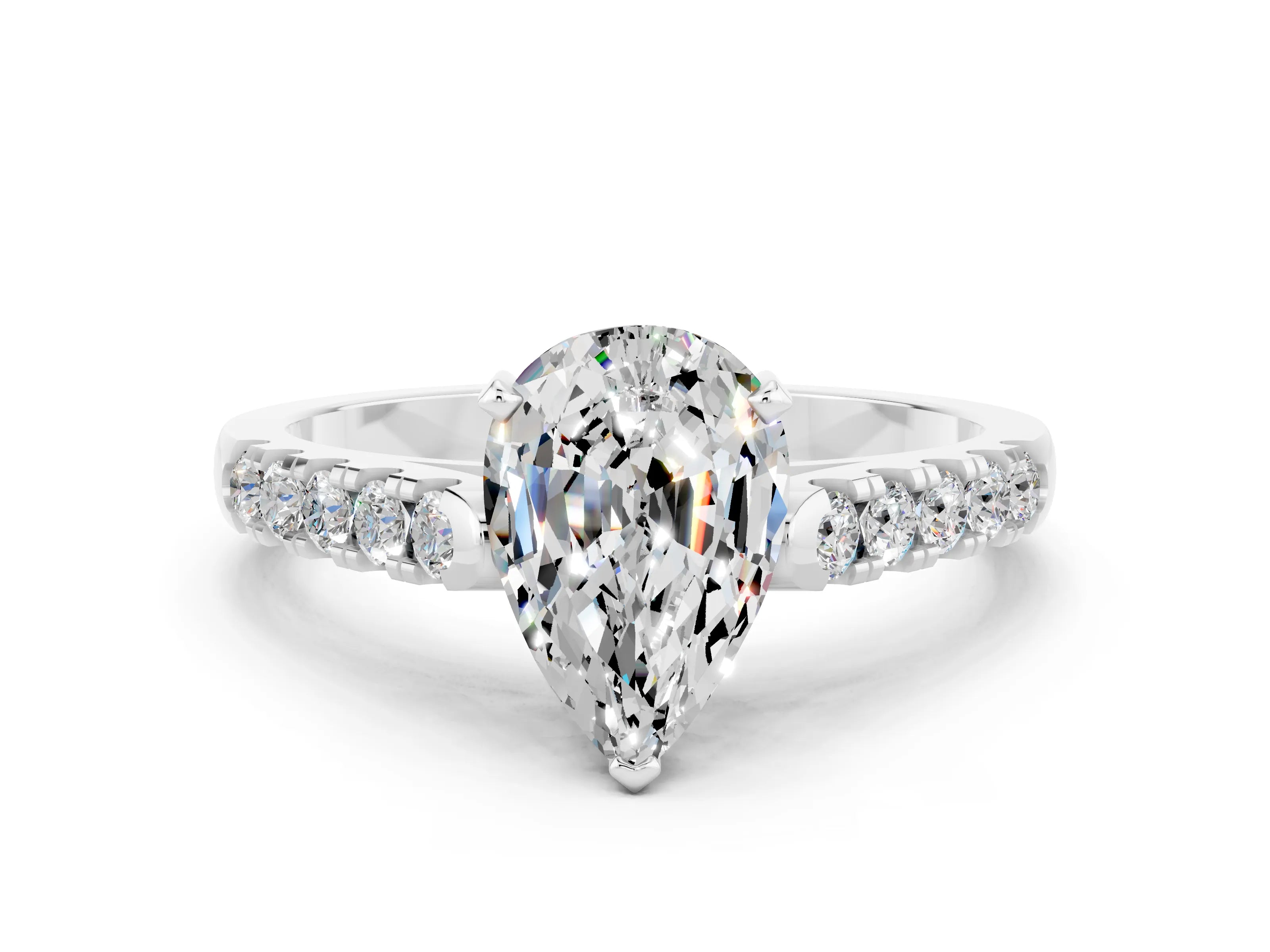 White gold {shape_name} Moissanite Solitaire Ring with Pavé Band and Four-Prong Setting_12