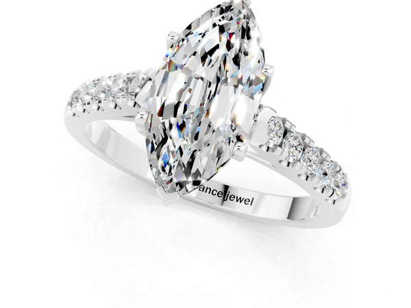 White gold Marquise Cut Moissanite Pavé Band Solitaire Ring with Prong Setting