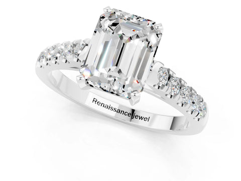 White gold {shape_name} Moissanite Solitaire Ring with Pavé Band and Four-Prong Setting_13