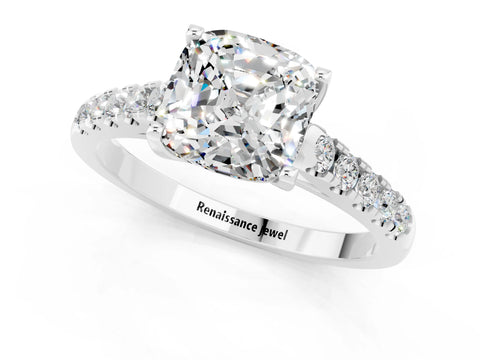White gold {shape_name} Moissanite Solitaire Ring with Pavé Band and Four-Prong Setting_13