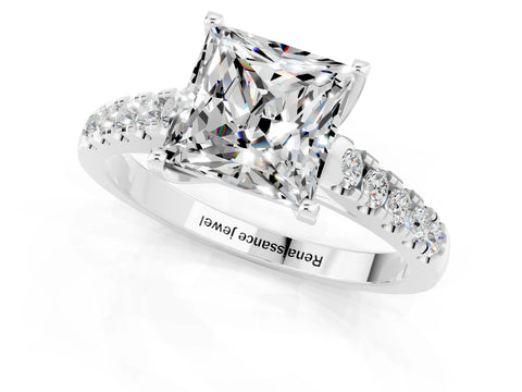 White gold {shape_name} Moissanite Solitaire Ring with Pavé Band and Four-Prong Setting_13