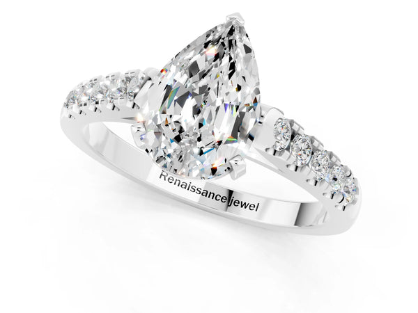 White gold Pear Cut Moissanite Pavé Band Solitaire Ring with Prong Setting
