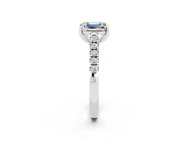 White gold Emerald Cut Moissanite Pavé Band Solitaire Ring with Prong Setting