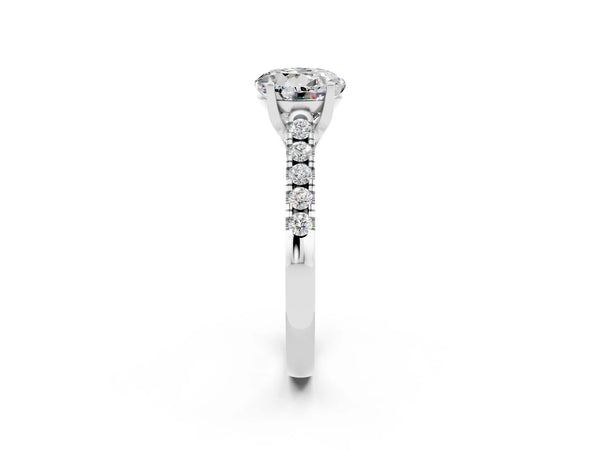 White gold Round Cut Moissanite Pavé Band Solitaire Ring with Prong Setting