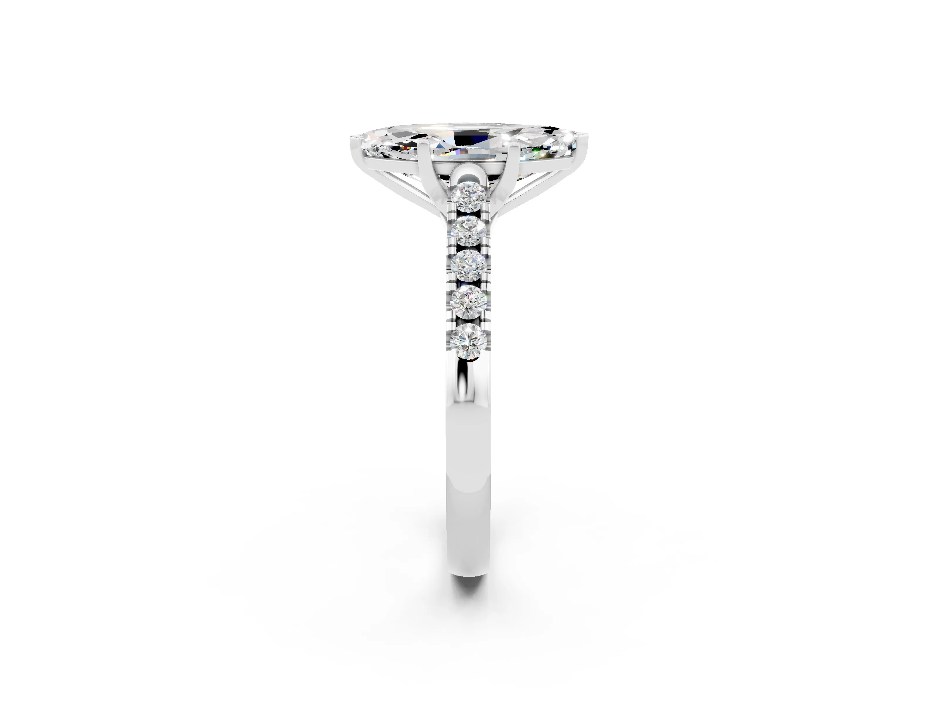 White gold {shape_name} Moissanite Solitaire Ring with Pavé Band and Four-Prong Setting_14
