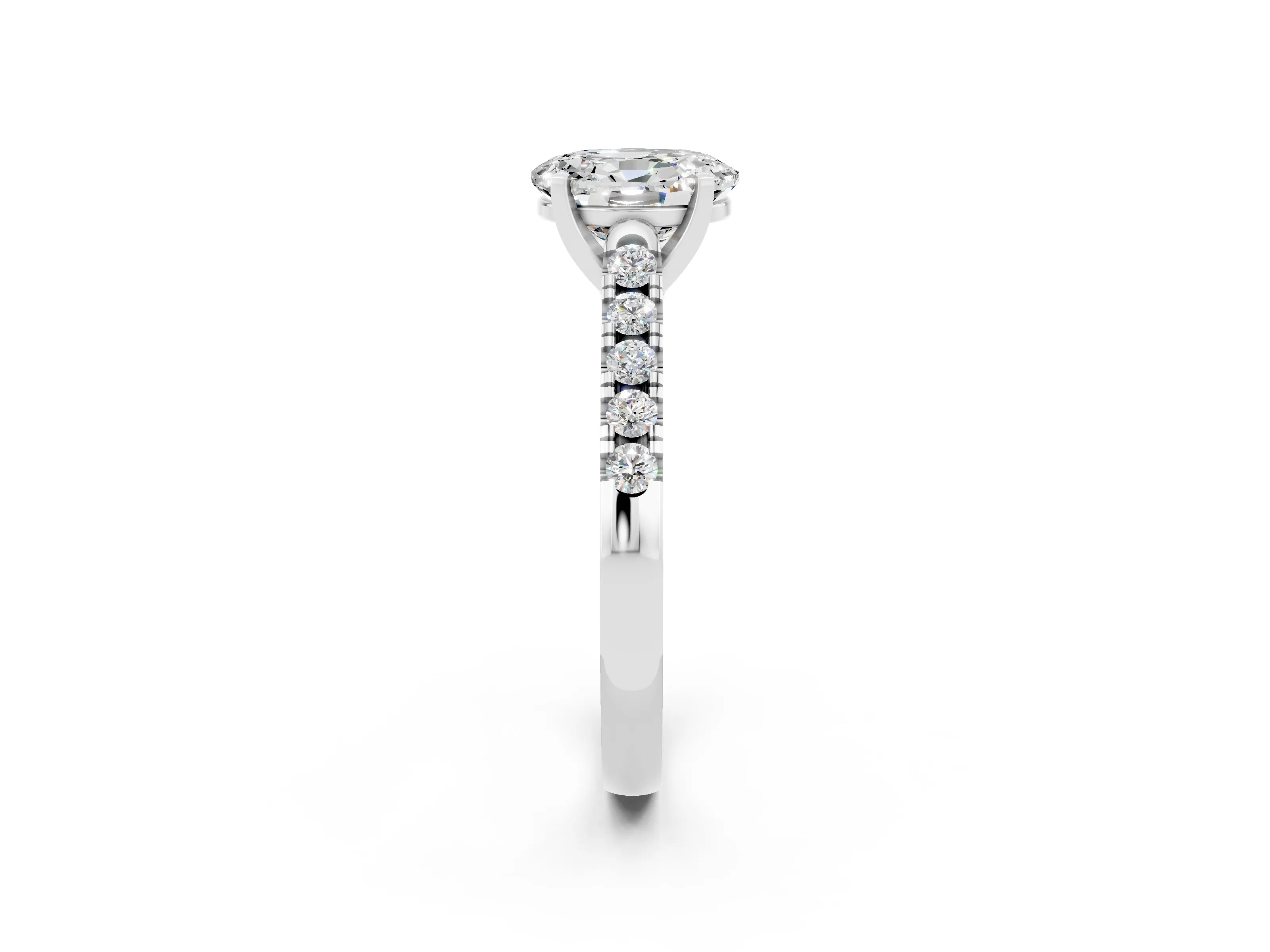 White gold {shape_name} Moissanite Solitaire Ring with Pavé Band and Four-Prong Setting_14