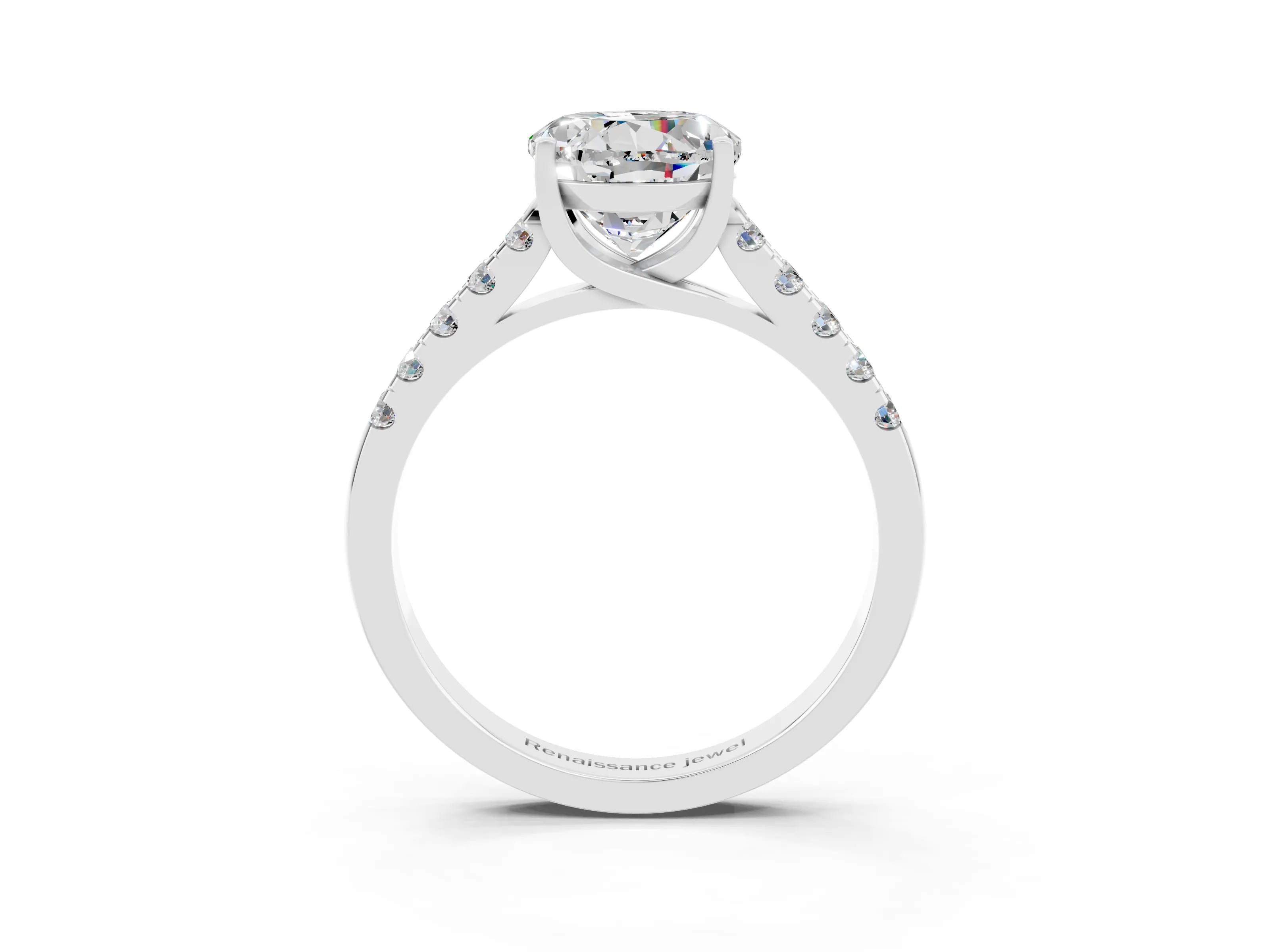 White gold {shape_name} Moissanite Solitaire Ring with Pavé Band and Four-Prong Setting_15