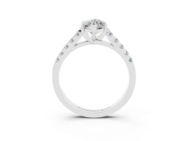 White gold Marquise Cut Moissanite Pavé Band Solitaire Ring with Prong Setting