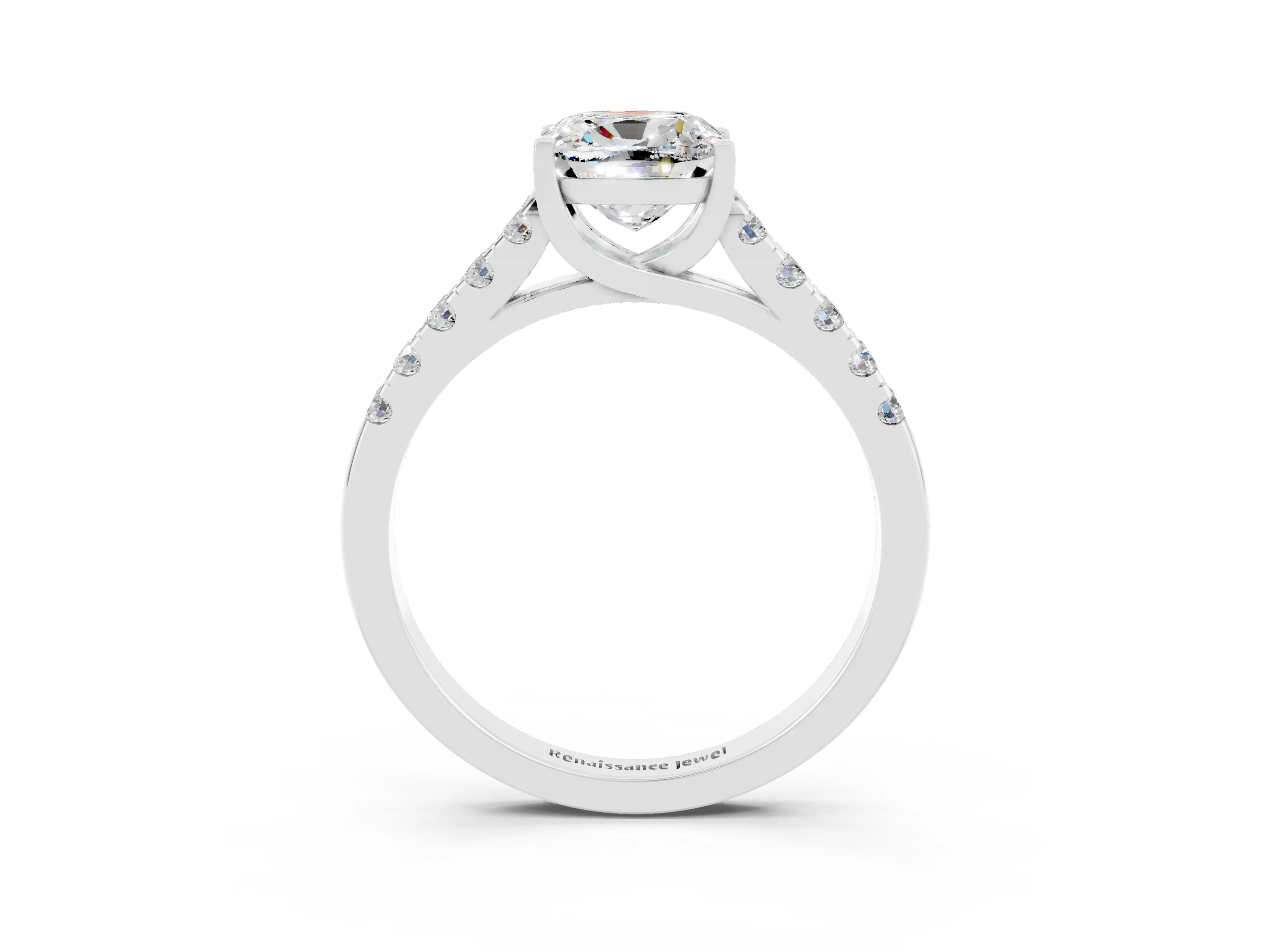 White gold {shape_name} Moissanite Solitaire Ring with Pavé Band and Four-Prong Setting_15
