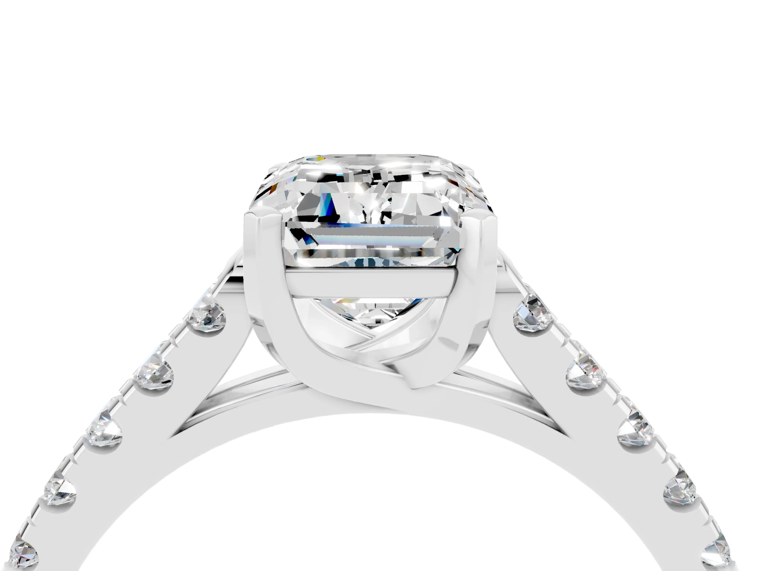 White gold {shape_name} Moissanite Solitaire Ring with Pavé Band and Four-Prong Setting_16
