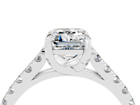 White gold {shape_name} Moissanite Solitaire Ring with Pavé Band and Four-Prong Setting_16