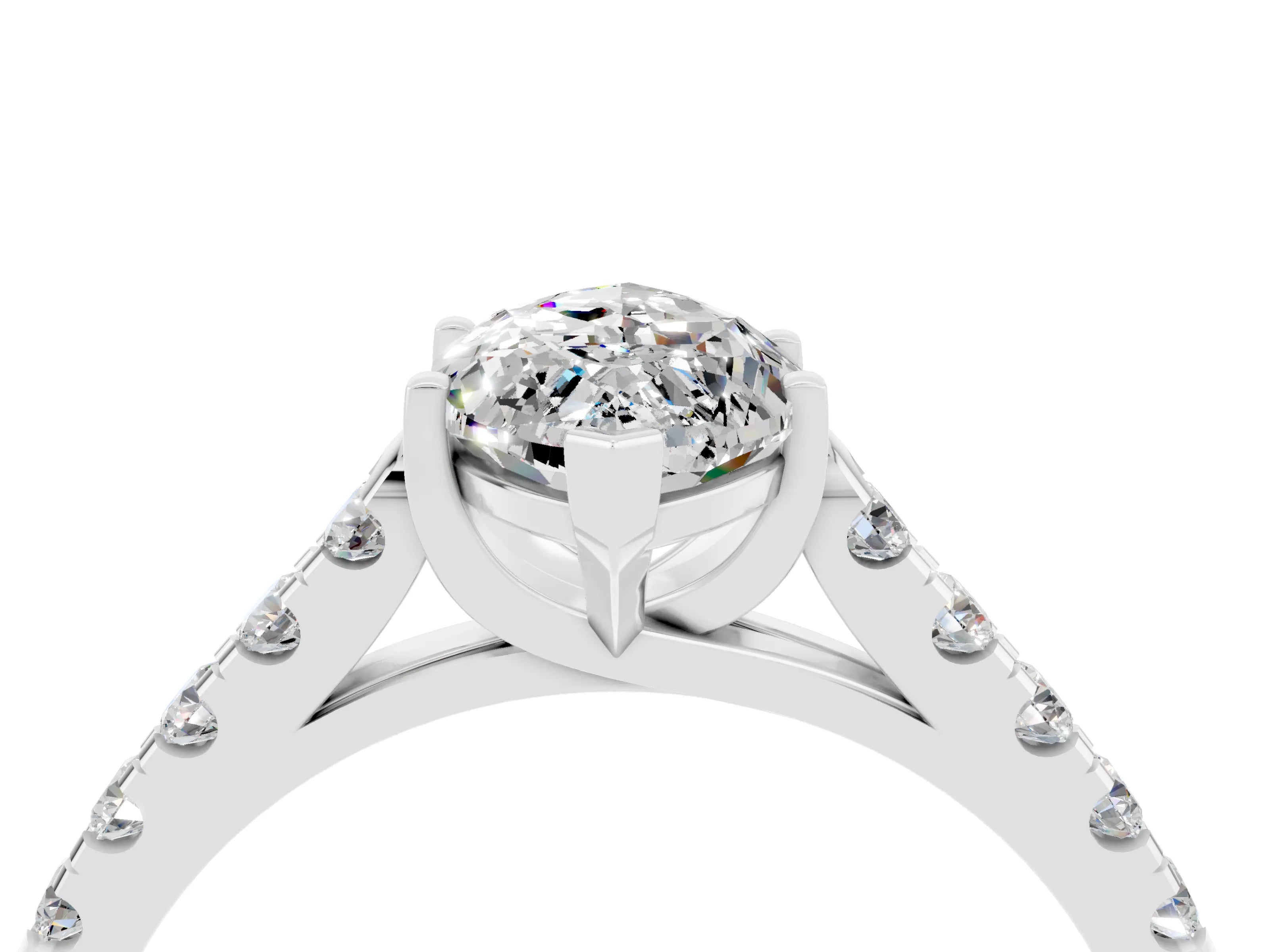 White gold {shape_name} Moissanite Solitaire Ring with Pavé Band and Four-Prong Setting_16