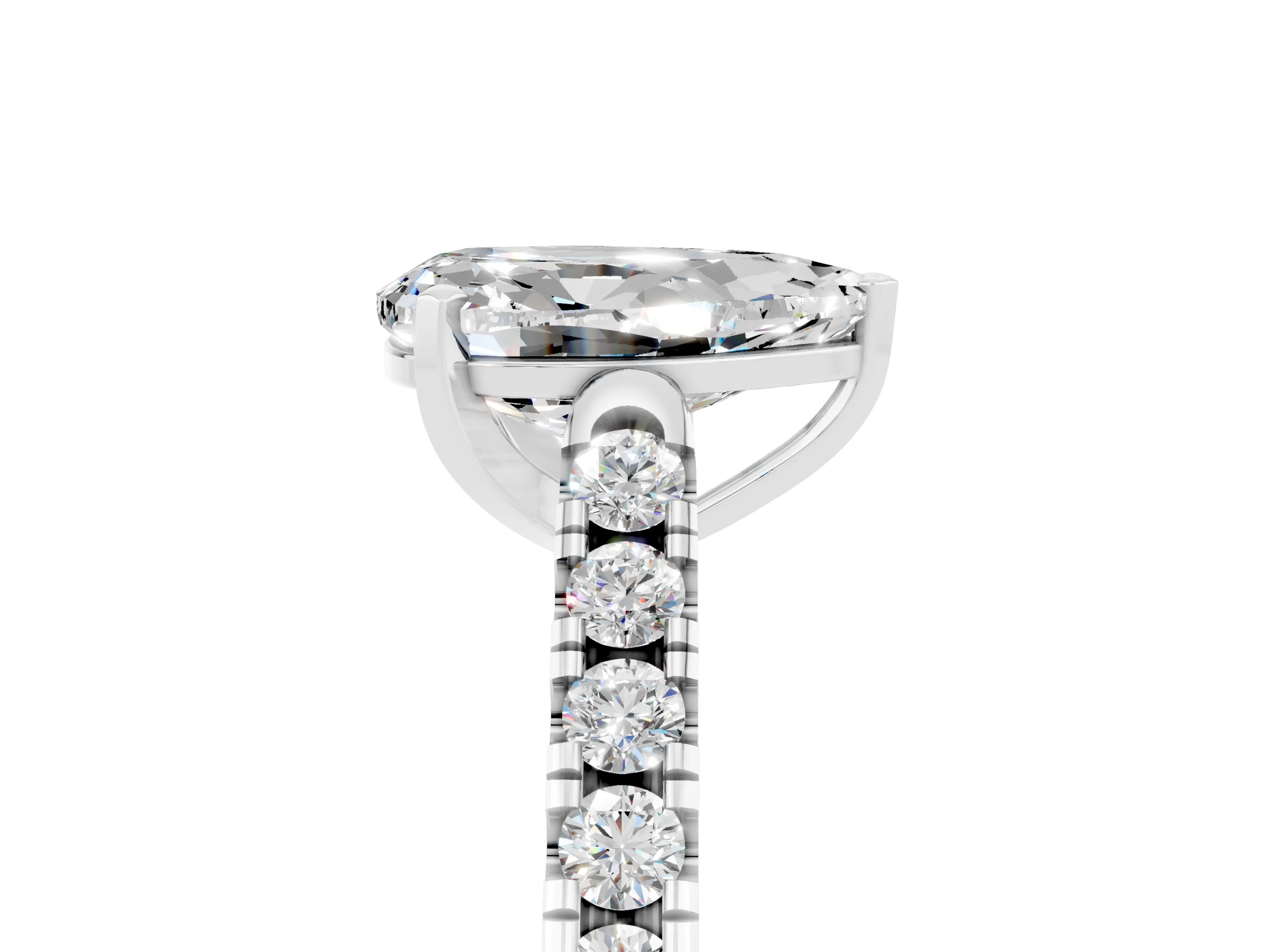 White gold {shape_name} Moissanite Solitaire Ring with Pavé Band and Four-Prong Setting_17