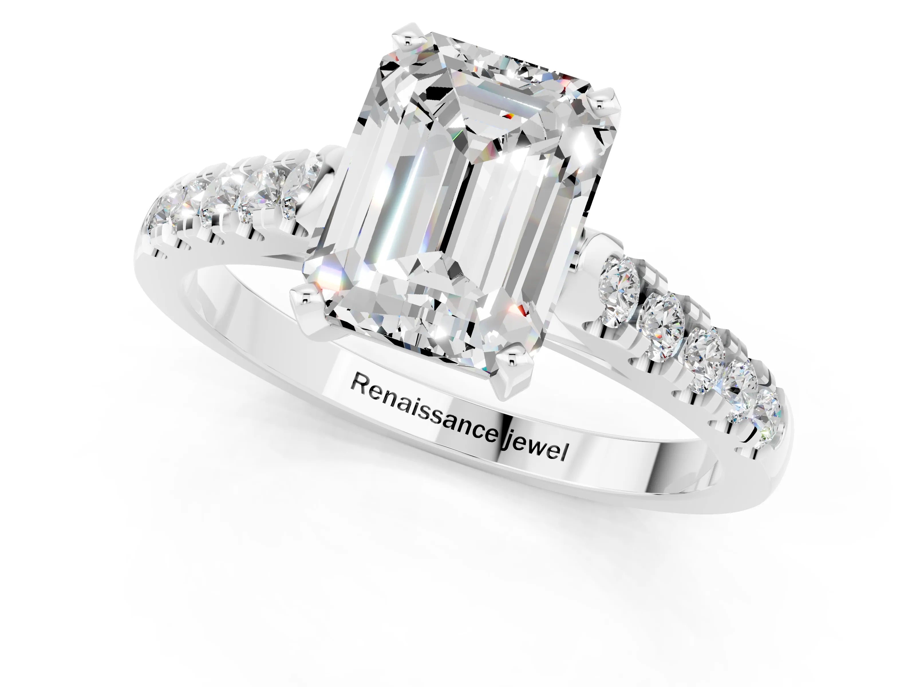 White gold {shape_name} Moissanite Solitaire Ring with Pavé Band and Four-Prong Setting_1