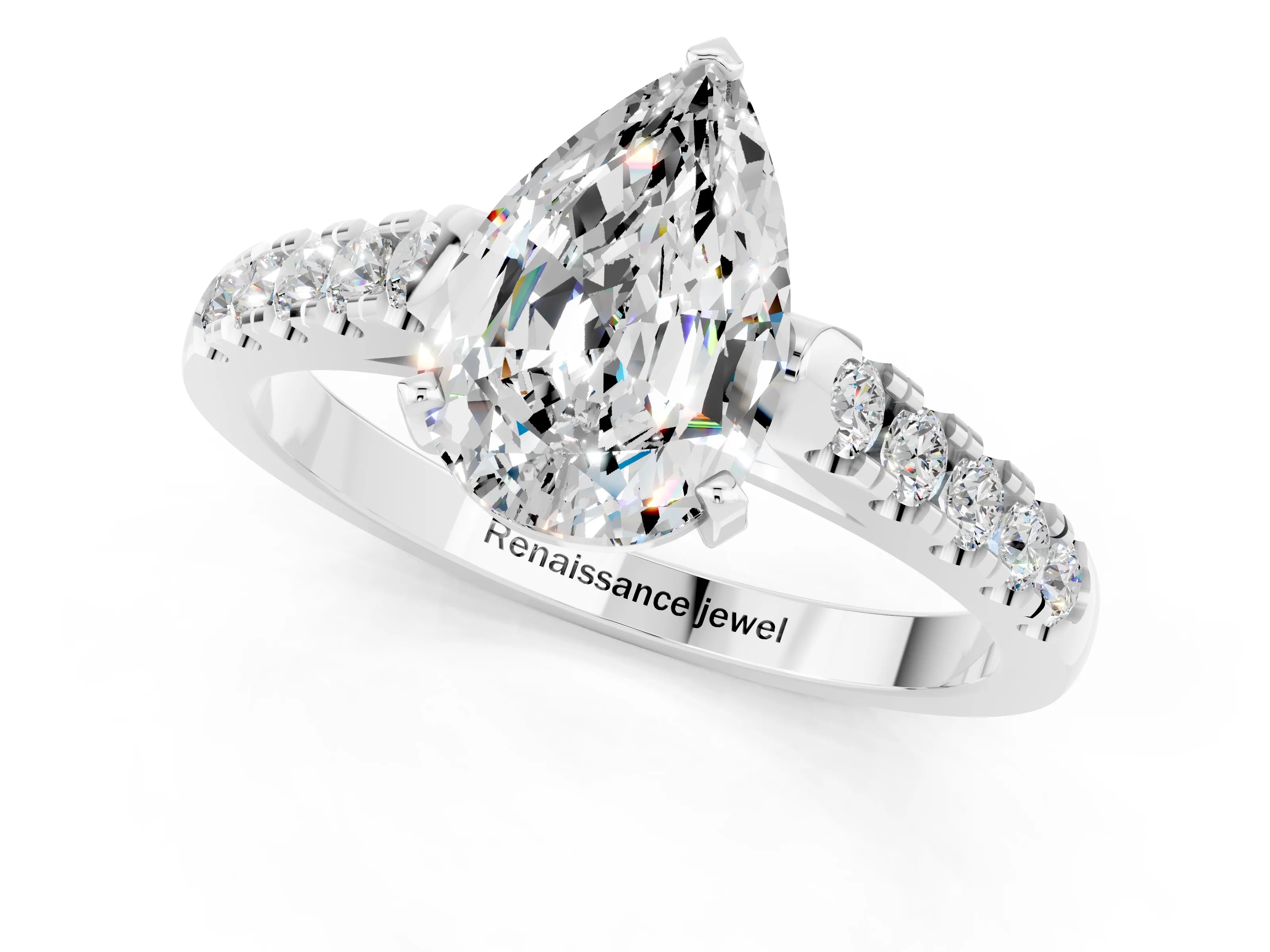 White gold {shape_name} Moissanite Solitaire Ring with Pavé Band and Four-Prong Setting_1