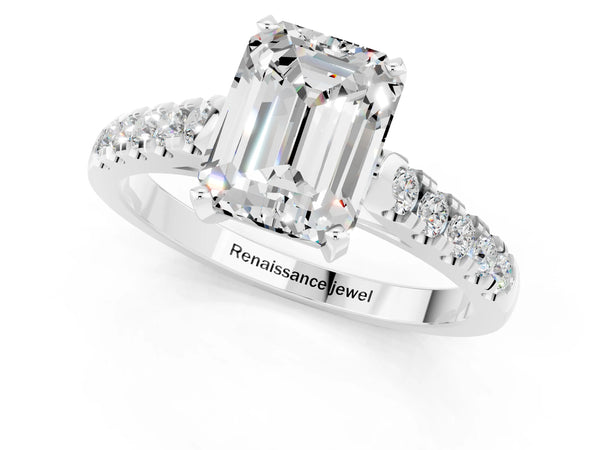 Platinum Emerald Cut Moissanite Pavé Band Solitaire Ring with Prong Setting