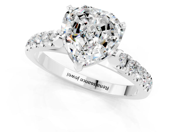 Platinum Heart Cut Moissanite Pavé Band Solitaire Ring with Prong Setting