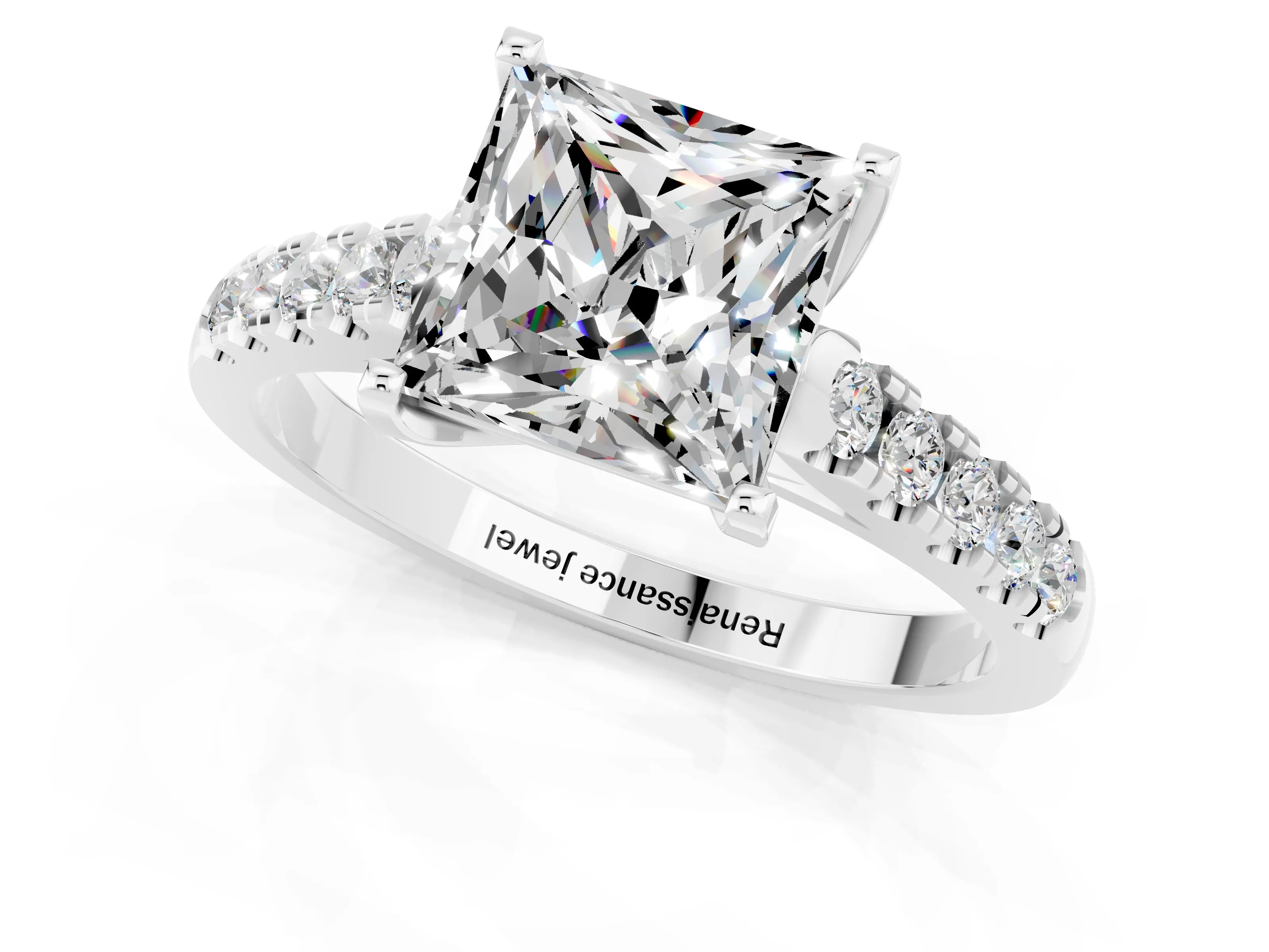 White gold {shape_name} Moissanite Solitaire Ring with Pavé Band and Four-Prong Setting_1