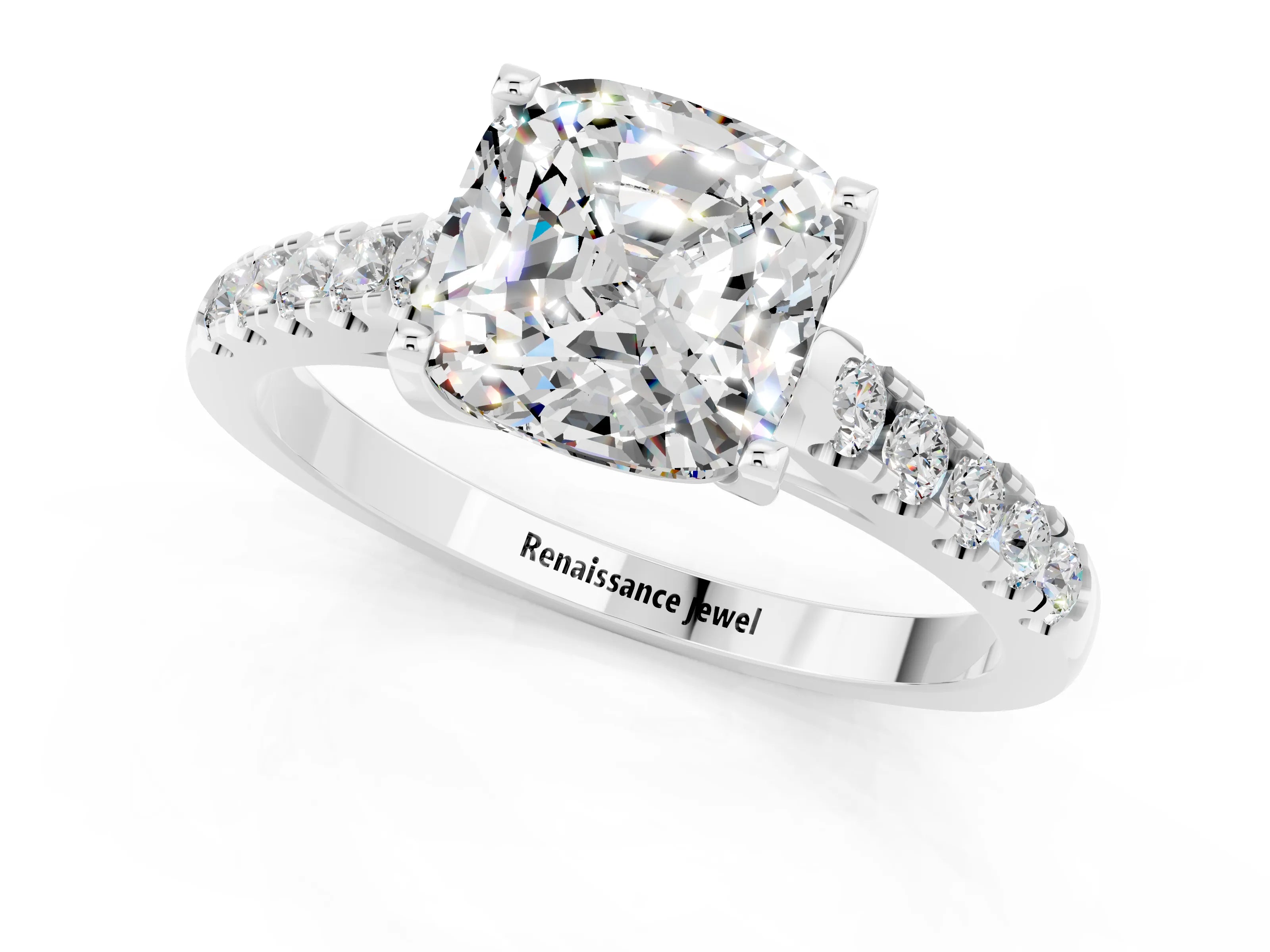 White gold {shape_name} Moissanite Solitaire Ring with Pavé Band and Four-Prong Setting_1