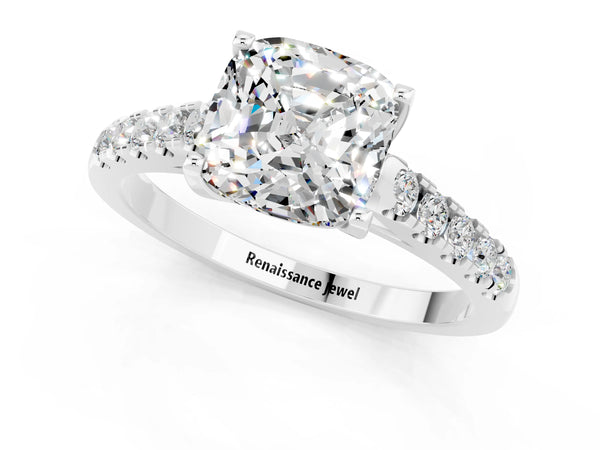Silver Cushion Cut Moissanite Pavé Band Solitaire Ring with Prong Setting
