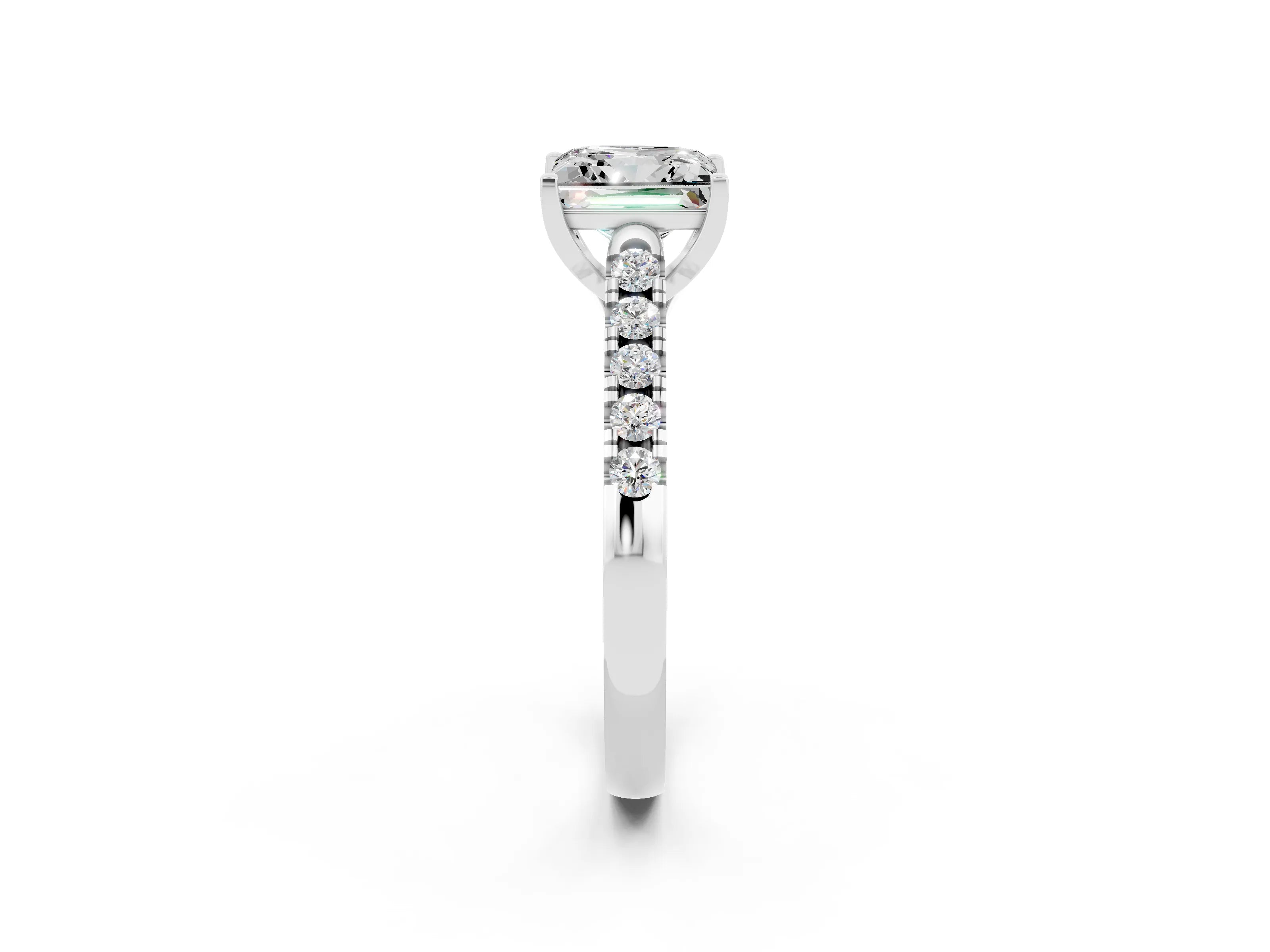 White gold {shape_name} Moissanite Solitaire Ring with Pavé Band and Four-Prong Setting_2