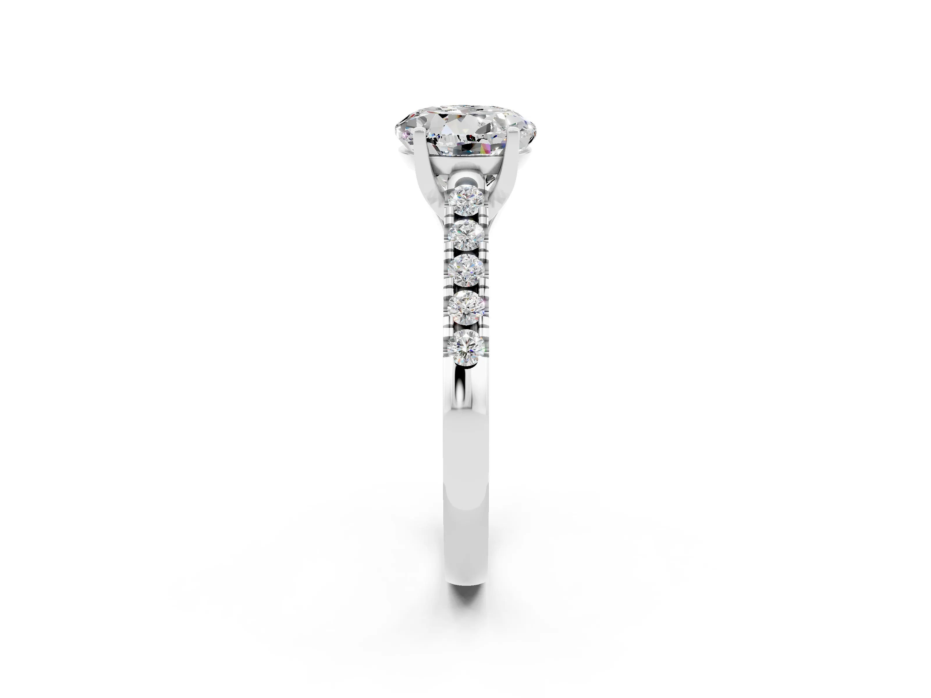 White gold {shape_name} Moissanite Solitaire Ring with Pavé Band and Four-Prong Setting_2