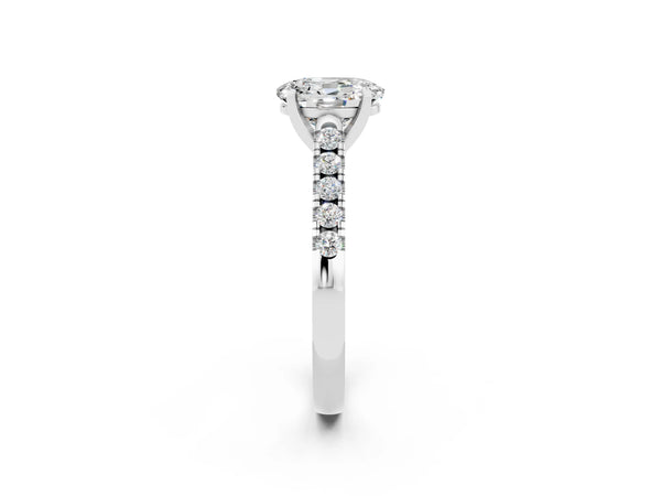 Platinum Oval Cut Moissanite Pavé Band Solitaire Ring with Prong Setting