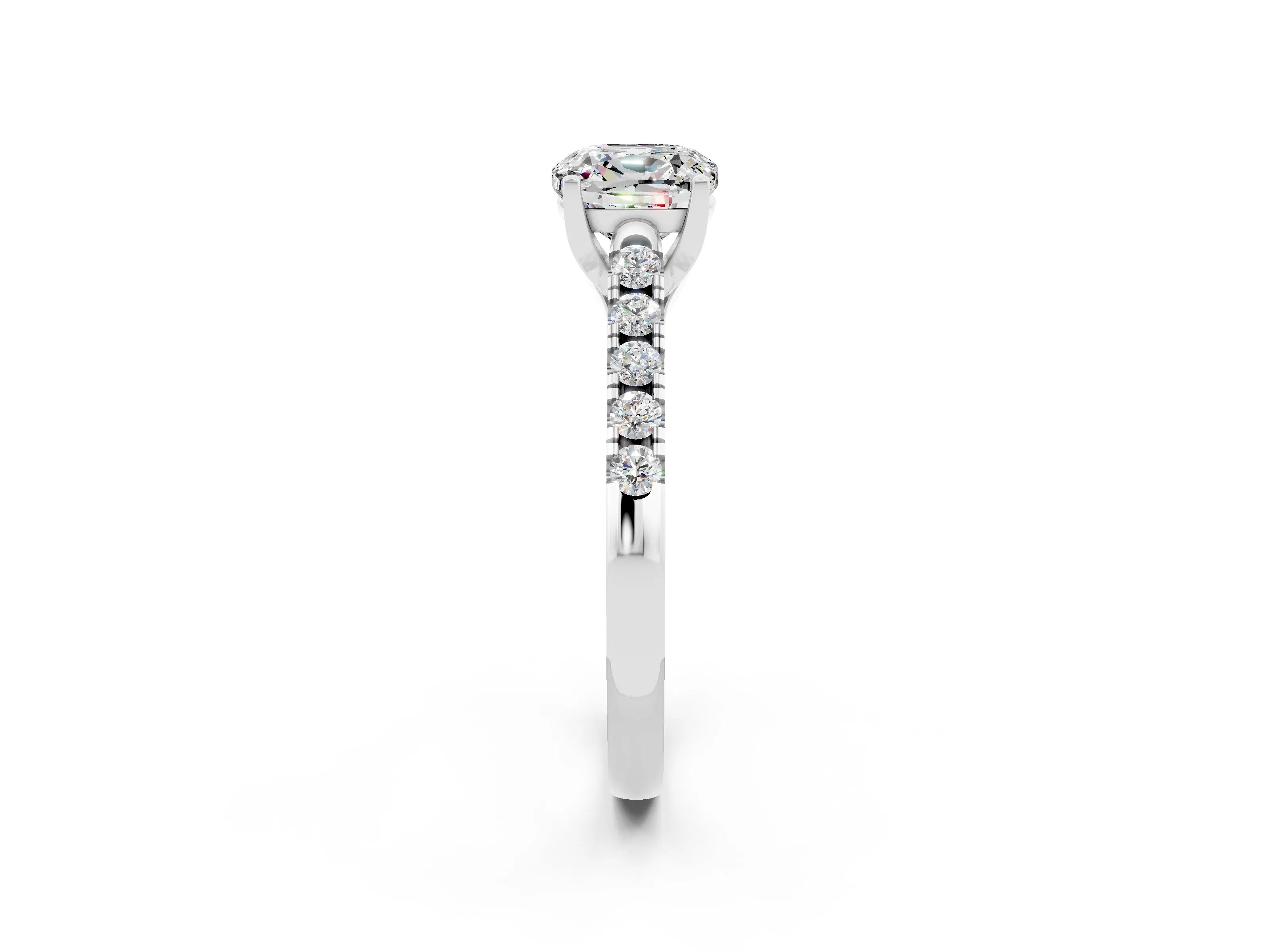 White gold {shape_name} Moissanite Solitaire Ring with Pavé Band and Four-Prong Setting_2