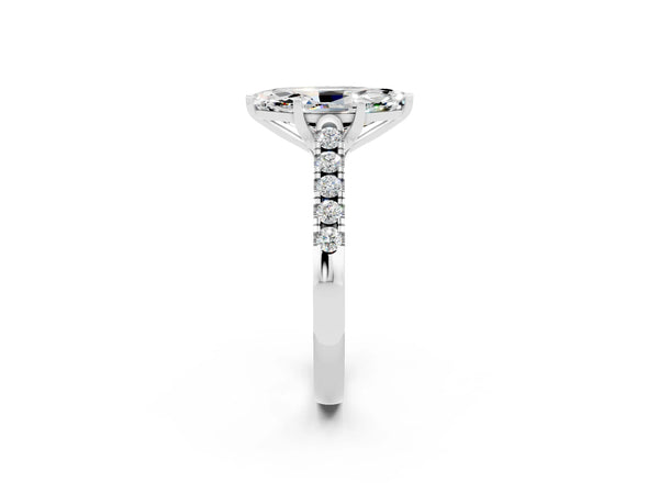Platinum Marquise Cut Moissanite Pavé Band Solitaire Ring with Prong Setting