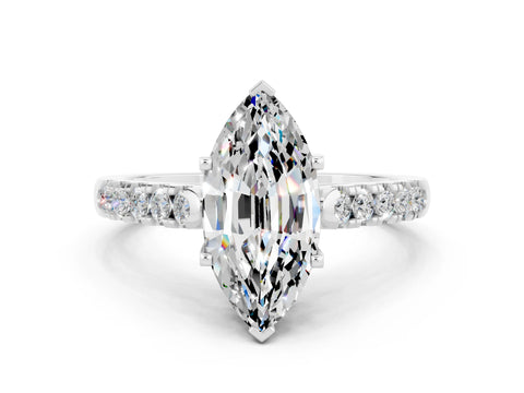 White gold {shape_name} Moissanite Solitaire Ring with Pavé Band and Four-Prong Setting