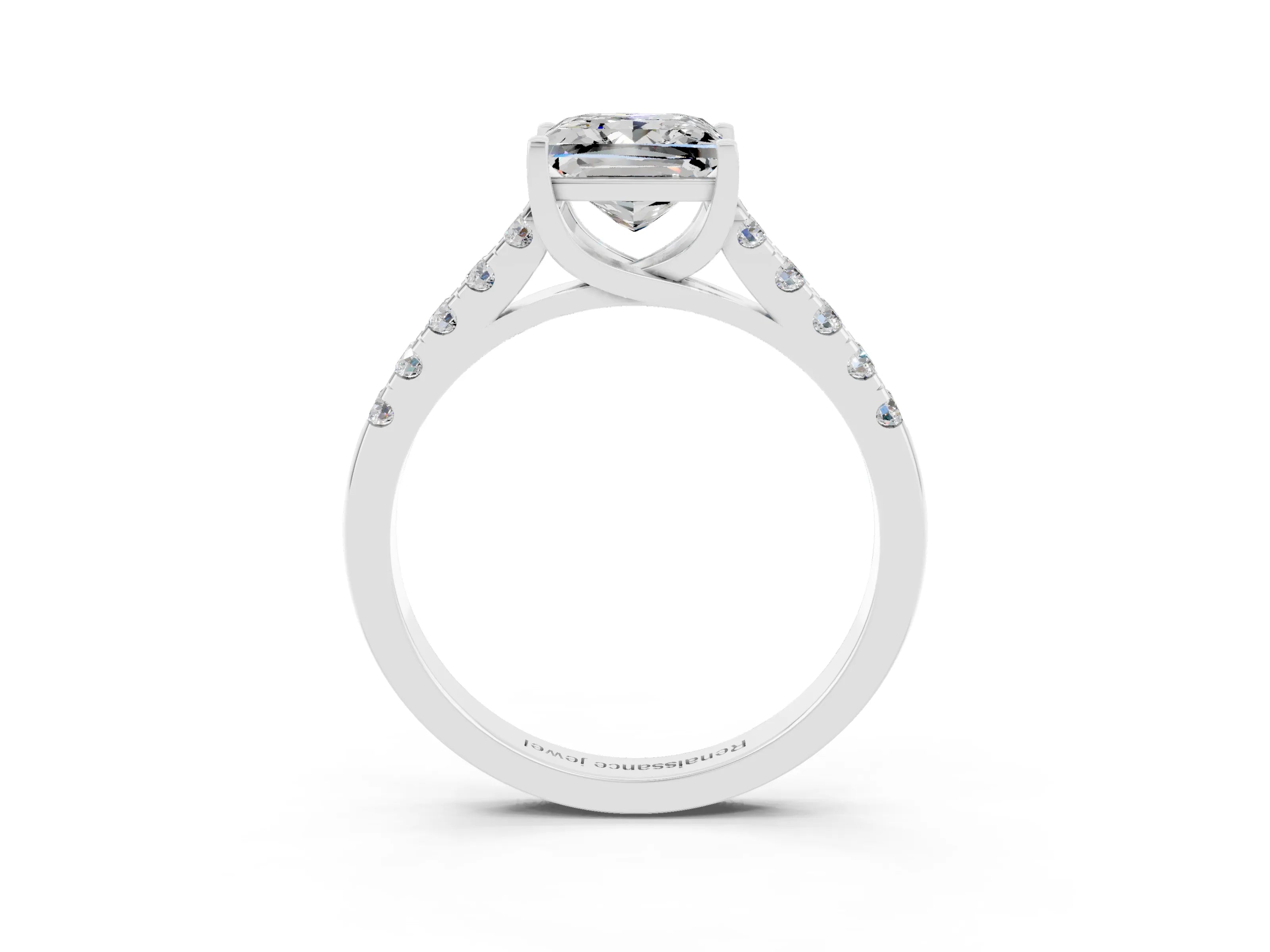 White gold {shape_name} Moissanite Solitaire Ring with Pavé Band and Four-Prong Setting_3
