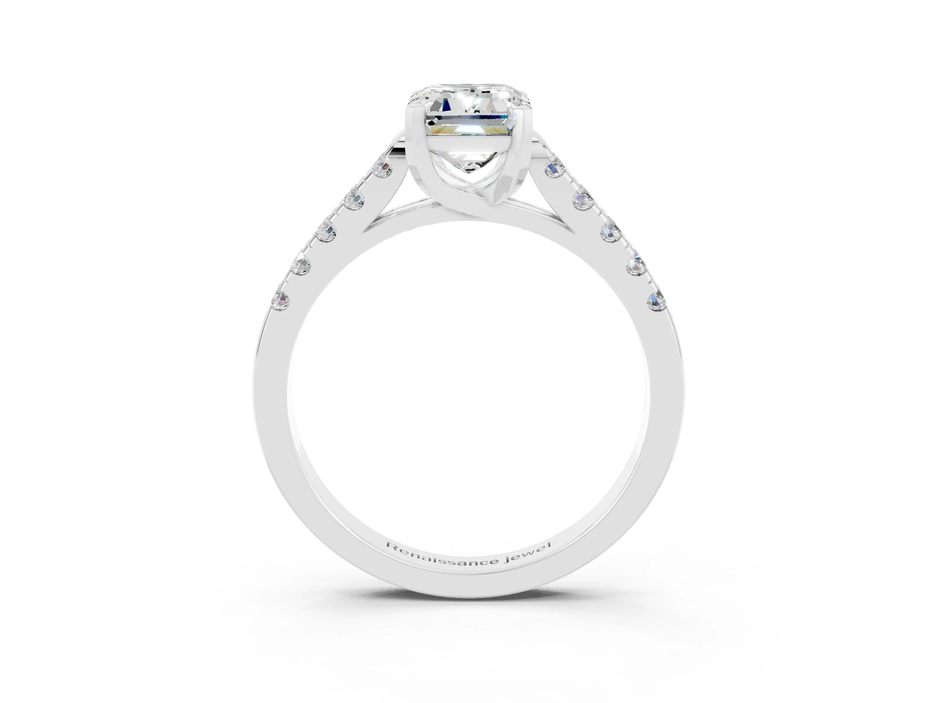 White gold {shape_name} Moissanite Solitaire Ring with Pavé Band and Four-Prong Setting_3