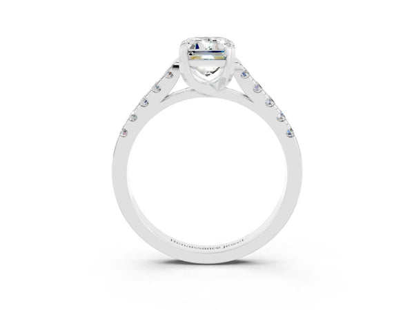 Silver Emerald Cut Moissanite Pavé Band Solitaire Ring with Prong Setting