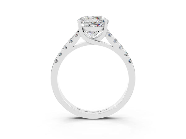 Silver Round Cut Moissanite Pavé Band Solitaire Ring with Prong Setting