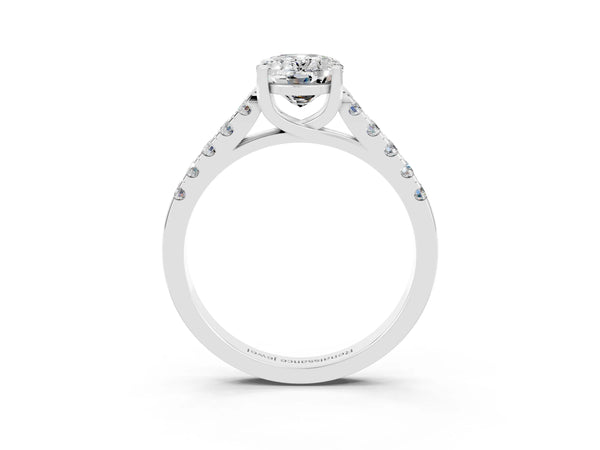 Silver Oval Cut Moissanite Pavé Band Solitaire Ring with Prong Setting